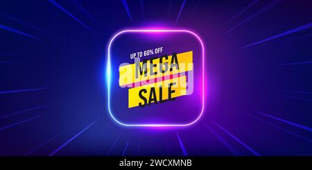 Mega sale sticker. Discount banner shape. Neon light frame offer banner. Vector Stock Vector