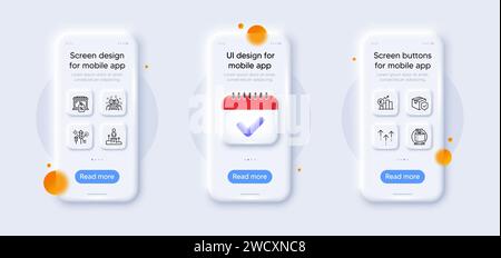 Euro rate, Parcel insurance and Swipe up line icons pack. For web app. 3d phone mockups. Vector Stock Vector