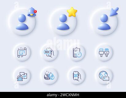 Computer cables, Flight mode and Bid offer line icons. For web app, printing. Vector Stock Vector