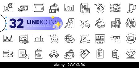 Outline set of Document, World statistics and Cross sell line icons. For web app. Vector Stock Vector