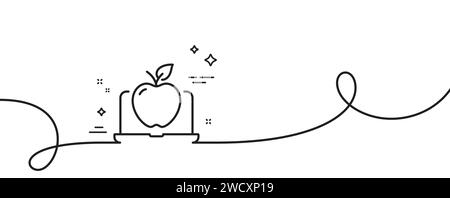 Laptop line icon. Notebook with apple fruit sign. Continuous line with curl. Vector Stock Vector
