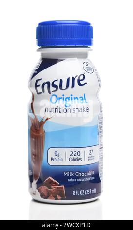 IRVINE, CALIFORNIA - 15 JAN 2024: A bottle of Ensure Original Nutrition Shake, Milk Chocolate flavor. Stock Photo
