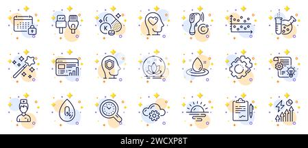 Outline set of Vitamin k, No alcohol and Time management line icons for web app. Pictogram icon. Vector Stock Vector