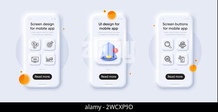 Target purpose, Money currency and Search line icons pack. For web app. 3d phone mockups. Vector Stock Vector