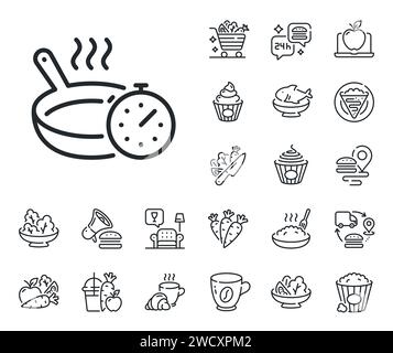 Frying pan line icon. Cooking timer sign. Food preparation. Crepe, sweet popcorn and salad. Vector Stock Vector