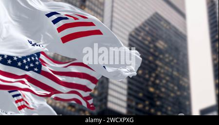New York, US, Jan. 5 2024: Bank of America and american flags waving in a financial district. Illustrative editorial 3d illustration Stock Photo