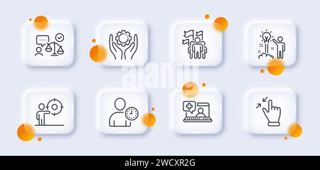 Business target, Touchscreen gesture and Medical help line icons pack. For web app. 3d glass buttons. Vector Stock Vector