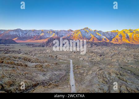 An aerial view of Alabama hills at sunrise Stock Photo