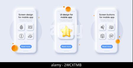 Info, Sunny weather and Augmented reality line icons pack. For web app. 3d phone mockups. Vector Stock Vector