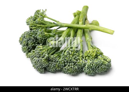 Fresh raw green bimi, broccolini, vegetable close up isolated on white background Stock Photo