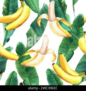 Watercolor seamless pattern with banana tree leaves and banana. Hand drawn illustration. For wrapping fabric textile. Stock Photo