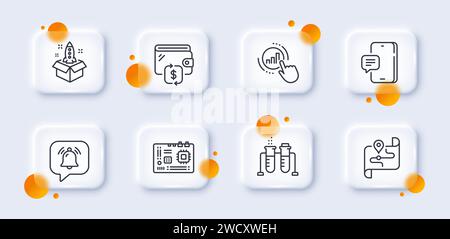 Graph chart, Map and Startup line icons pack. For web app. 3d glass buttons. Vector Stock Vector