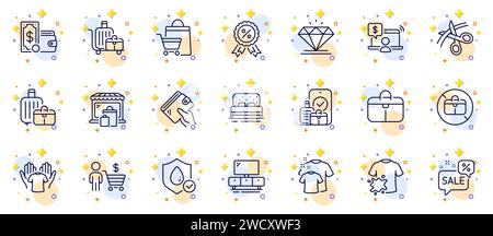 Outline set of Clean t-shirt, Carry-on baggage and Buyer line icons for web app. Pictogram icon. Vector Stock Vector