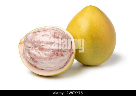 Whole fresh red Pomelo and peeled pomelo close up isolated on white background Stock Photo