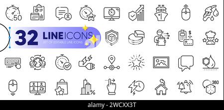 Outline set of Talk bubble, Home and Vip timer line icons. For web app. Vector Stock Vector