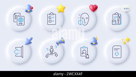 Download file, Passport document and Inspect line icons. For web app, printing. Vector Stock Vector