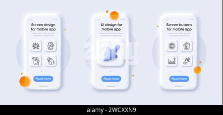 Phone survey, Globe and Efficacy line icons pack. For web app. 3d phone mockups. Vector Stock Vector