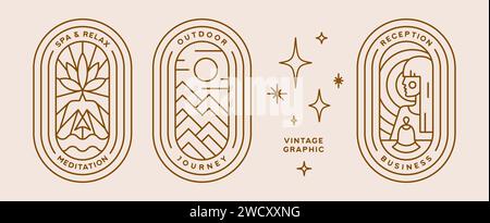 Set of minimalist line art logo template. Simple modern design line graphic badge for brand. Reception service, mountain hill, lotus symbol. Collection vintage line icon sign. Vector Illustration Stock Vector