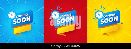 Coming soon paper banner. Timer announcement tag. Sunburst offer banner, flyer or poster. Vector Stock Vector