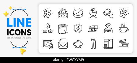 Stress, Cupboard and Medical tablet line icons. For web app. Vector Stock Vector