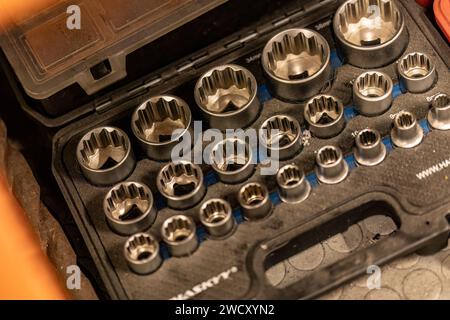 Rome, Italy 17 january 2024: Photo of a comprehensive set of socket wrenches, showcasing an essential tool collection for mechanical work. Stock Photo