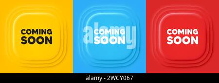 Coming soon tag. Promotion banner sign. Neumorphic offer banners. Vector Stock Vector