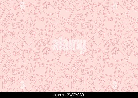menopause symptoms concept seamless pattern; time passing, sleep problems, weight gain, irregular periods, heart problems, HRT, sweating, hot flashes- Stock Vector