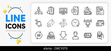 Phone photo, Delivery app and Typewriter line icons. For web app. Vector Stock Vector