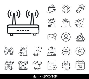 Wifi router line icon. Computer component sign. Internet symbol. Salaryman, gender equality and alert bell. Vector Stock Vector