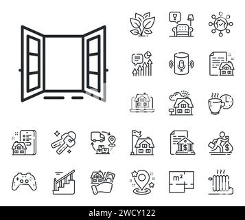Open door line icon. Entrance doorway sign. Floor plan, stairs and lounge room. Vector Stock Vector