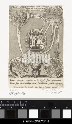 Allegory on the redemption of humanity (the four extremes of man), Hieronymus Wierix, 1563 - Before 1619 print Five medallions with scenes of the four extremes - death, judgment, heaven and hell - connected by tires with text. The tires form different routes that the soul can cover. Death (bottom left) leads to the last judgment (top right), hell (bottom right) or heaven (top left). The crucified Christ (middle) connects the extremes. The soul can choose between the short route, or the long route that runs through the purgatory (in the middle). In the margin a two -way Bible quote from Deut. 3 Stock Photo