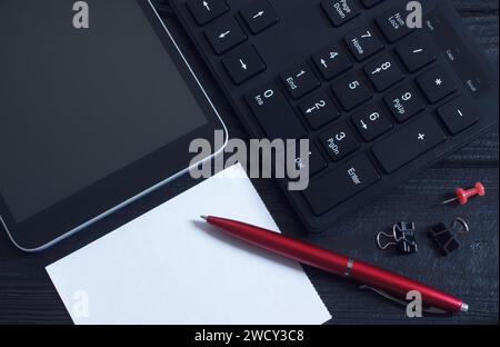 Office Supplies Set With Tablet Pc, Keyboard, Pen And Blank Paper For Notes Stock Photo
