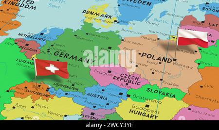 Poland and Switzerland - pin flags on political map - 3D illustration Stock Photo
