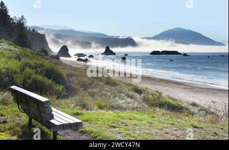 Empty wooden bench has view of Battle Rock Beach and the sea stacks.  Morning fog clings to the shore, but sunshine spills across beach. Stock Photo