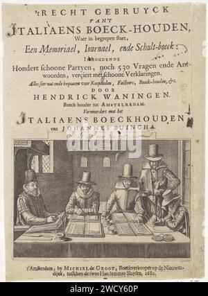 Bookkeepers at work, Pieter Serwouters, 1680 print Math school in which the accounting is taught. At a table is on the left, in a chair with canopy, the calculator. Three students are writing with calculation books. A fourth is watching the table on the right. A bookshelf and two writing tablets against the back wall of the departure. There above the meaning "does not judge for the tyt". Above the image the title of the book, the name of the author and a short content of content. Under the print the impressum. Amsterdam paper etching / engraving book-keeping, accountant. bookshelves. writing t Stock Photo