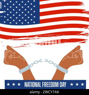 National freedom day concept, 1 february celebration. Hand drawn flag of United States with hands in handcuffs with a broken chain Stock Vector