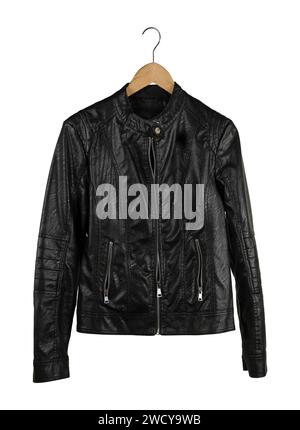 black leather jacket for women on hanger isolated Stock Photo