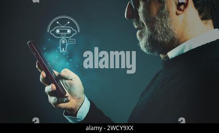 Man engages with AI through his smartphone, a symbolic representation of human-technology synergy Stock Photo