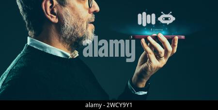 Man engages with smartphone's AI voice assistant, showcasing modern voice-activated technology. Stock Photo