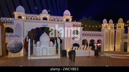 Lusail Boulevard, Lusail city, Qatar showing Hello Asia parade of countries participating in AFC Asian cup 2023 . India booth Stock Photo