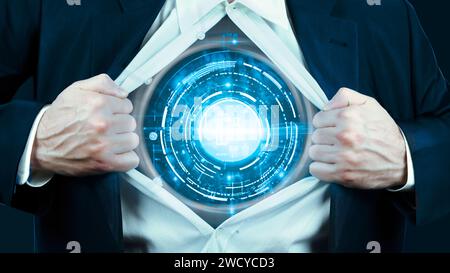 businessman opening his shirt to reveal futuristic technology theme Stock Photo