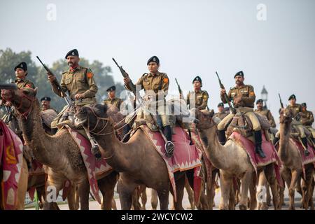 New Delhi, India. 17th Jan, 2024. The Border Security Force (BSF) camel contingent, along with a women's troop, take part during a rehearsal ahead of the upcoming Republic Day parade on Kartavya path. India is Celebrating the 75th Republic Day. Credit: SOPA Images Limited/Alamy Live News Stock Photo