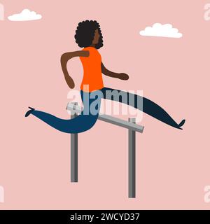 Overcoming Hurdles, Obstacles.  Business person overcoming obstacles in the workplace concept.  Woman beating a challenge or problem concept Stock Vector