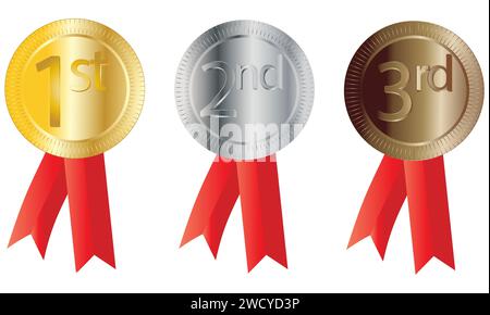 Realistic Gold, Silver and Bronze Rosette medals.  Element or symbol for Winning and Achievement concept.  Accomplishment or achievement reward Stock Vector