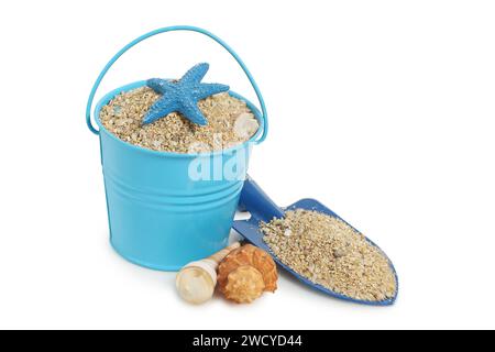 bucket, spade and seashells with sand, summer concept Stock Photo