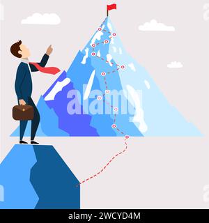 Business man looking at the Path or Journey to Success Concept.  Climbing the path to the top or to success in business highlighting the challenges Stock Vector
