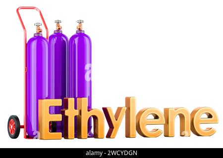 Ethylene gas cylinders with hand truck, 3D rendering isolated on white background Stock Photo