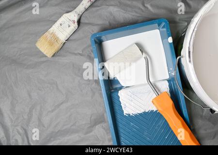 top view of painting equipment and tools with copy space Stock Photo