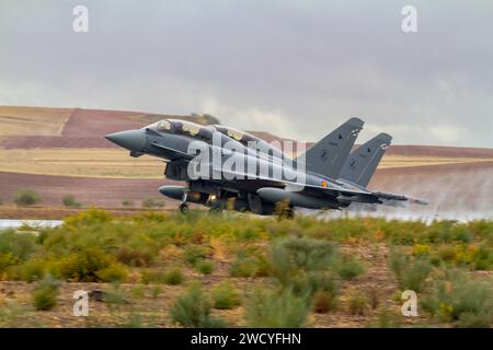 TORREJON DE ARDOZ, MADRID, SPAIN-OCT 10: Aircraft Eurofighter Typhoon C-16 taking part in an exhibition on the Aire 75 airshow   on October 10, 2014, Stock Photo