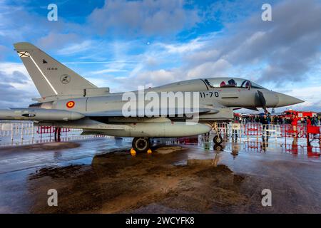 TORREJON DE ARDOZ, MADRID, SPAIN-OCT 11: Aircraft Eurofighter Typhoon C-16 taking part in an exhibition on the Aire 75 airshow   on October 11, 2014, Stock Photo